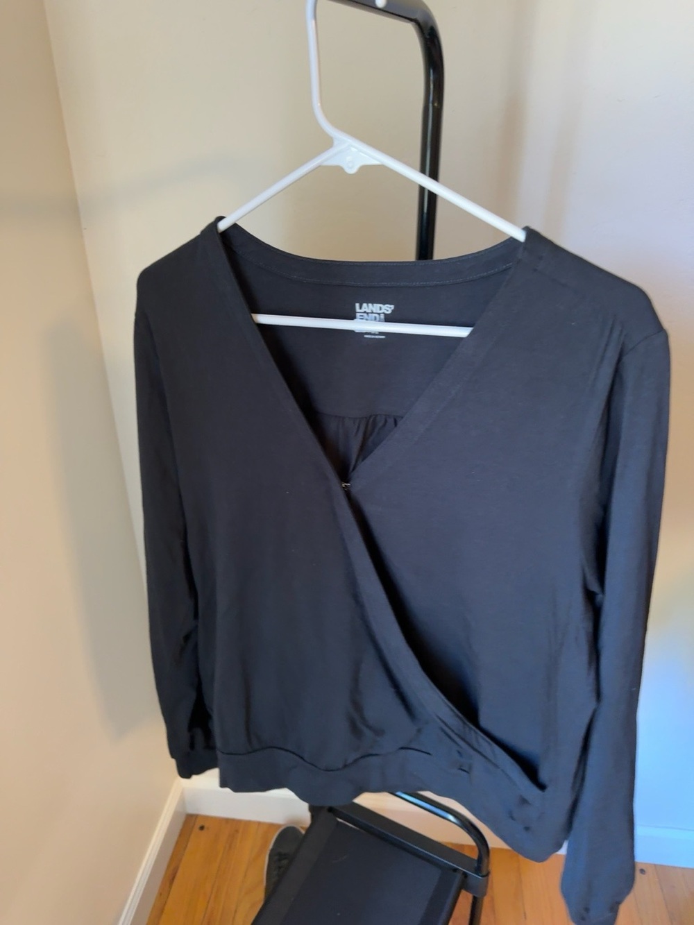 Lands' End Black Wrap-Front Long-Sleeve Top